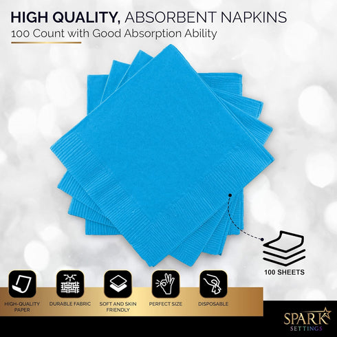 Big Party Pack Caribbean Blue Beverage Napkins, 100 Count - Ideal for Wedding, Party, Birthday, Dinner, Lunch,