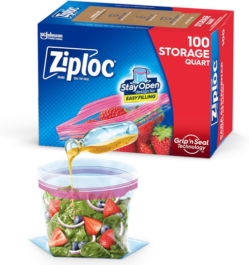 Ziploc Quart Food Storage Bags, 100 Count, Stay Open Design with Stand-Up Bottom