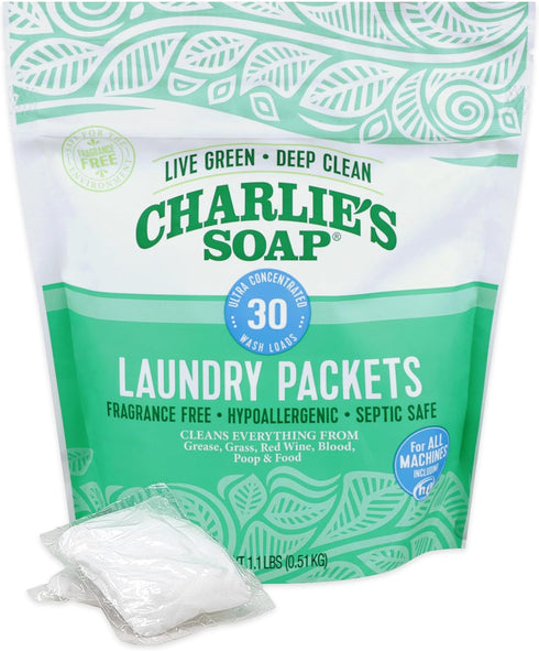 Charlies Soap Fragrance Free Powdered Laundry Detergent Packets 30 Pods (1 Pack)
