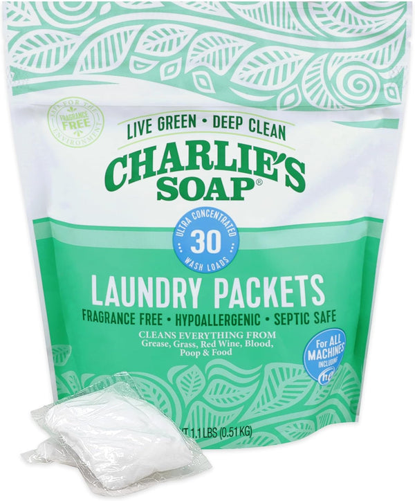 Charlies Soap Fragrance Free Powdered Laundry Detergent Packets 30 Pods (1 Pack)