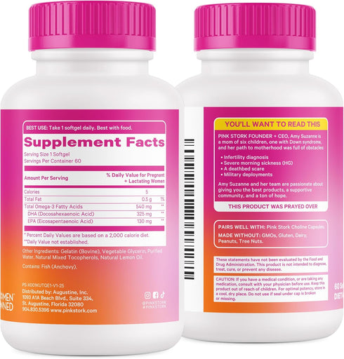 Pink Stork Omega-3 DHA - 540 mg Fish Oil Supplements with DHA and EPA, Prenatal and Postpartum Essentials, 60 Softgels