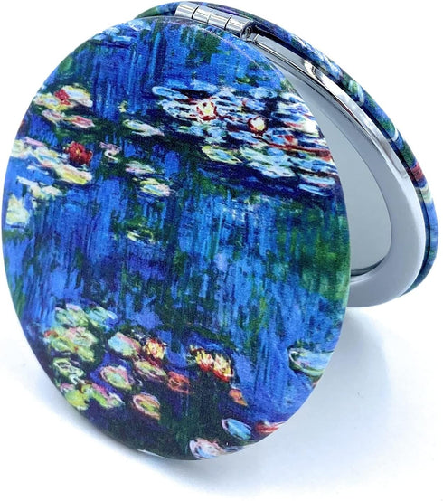 Small Handbag Mirror - Compact Mirror for Girls, Folding Pu Leather Floral Compact, Claude Monet Water Lilies Unique
