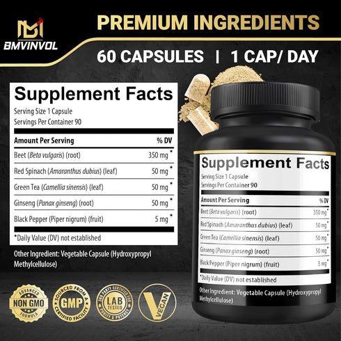 Beet Root Capsules - Green Tea, Red Spinach, Ginseng, Black Pepper, 90 Count for Digestive and Immune Support
