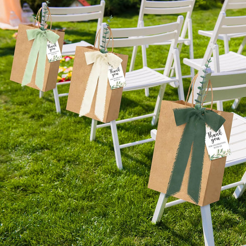 Motipuns 50 Sets Wedding Bags for Guests Bulk Sage Green Wedding Welcome Gift Bags Stuffers with Faux Eucalyptus Stems