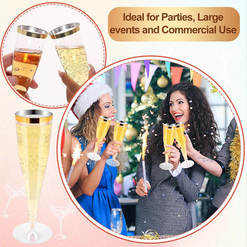 RAIHOMKIT 50 Pack 4.5 Oz Plastic Champagne Flutes Disposable, Gold Rim Champagne Glasses, Clear Disposable Champagnes