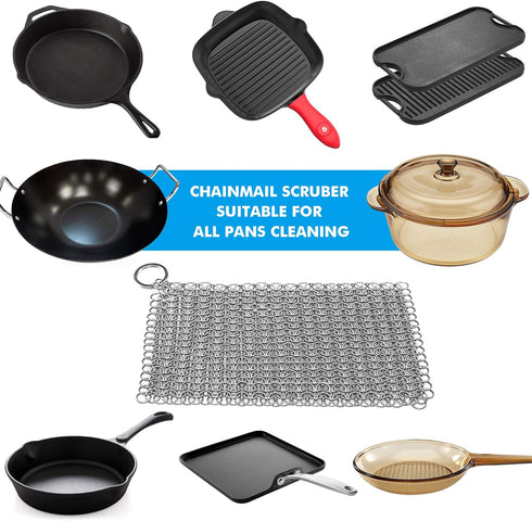 Cast Iron Scrubber Chainmail Link Scraper 8"x6" - 316 Stainless Steel Skillet Cleaner for Pans & Grills