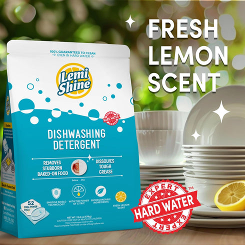 Lemi Shine Natural Dishwasher Pods | Eco Friendly All-In-One Powder & Gel Detergent Pods with Powerful Citric Acid (52