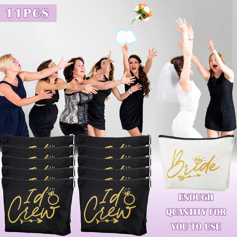 11 Pieces Bridal Shower Wedding Makeup Bags, Canvas Cosmetic Bags for Bachelorette Party, Bride I Do Crew Gifts (White,