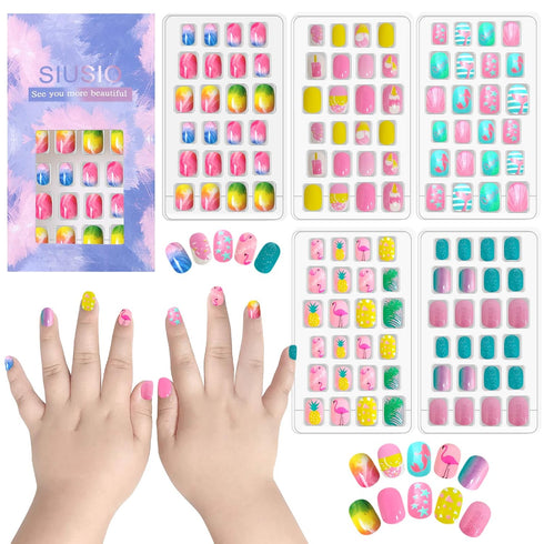 SIUSIO 120 Pcs Children Acrylic Fake Nails, Press on Pre-glue Full Cover Glitter Gradient Color, Kids Set