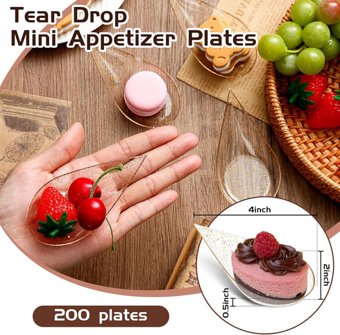Tessco 200 Pcs 4 Tear Drop Appetizer Spoons Mini Appetizer Plates Reusable Spoons Tasting Spoons Plates Catering Supplies Disposable for Serving Small Desserts Cakes Bowls (Clear with Gold Glitter) by Tessco