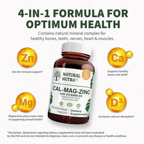Calcium Magnesium Zinc Supplement with Vitamin D3 by Natural Nutra, 250 Count, Gluten Free and Sugar-Free