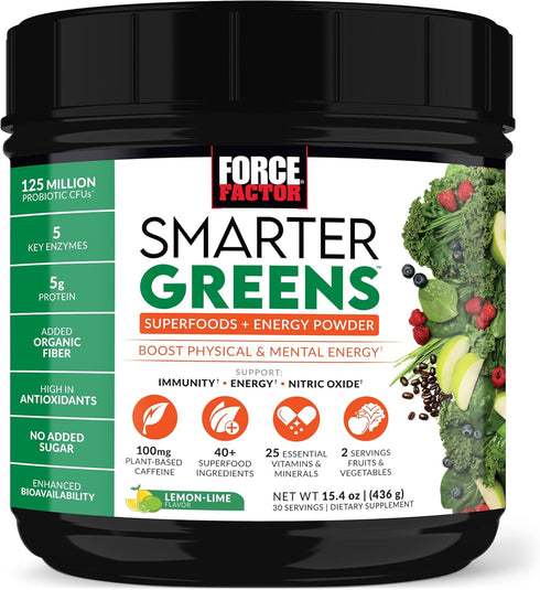 FORCE FACTOR Smarter Greens Superfoods + Energy Powder, Plant-Based Caffeine, Probiotics, 30 Servings
