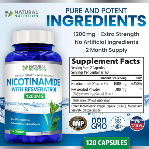 Natural Vitamin Extra Strength Nicotinamide with Resveratrol 1200mg, 120 Veggie Capsules Gluten Free & Non-GMO