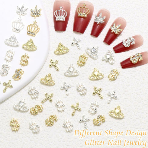 RODAKY 46PCS Dollar Nail Charms - Gold 3D Crown Nail Jewelry with Crystal Rhinestone for Luxury Nail Decoration