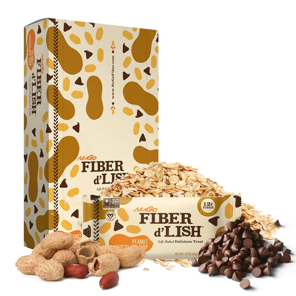 NuGo Fiber d'Lish Peanut Chocolate Chip, 12g High Fiber, Vegan, 160 Calories, 16 Count