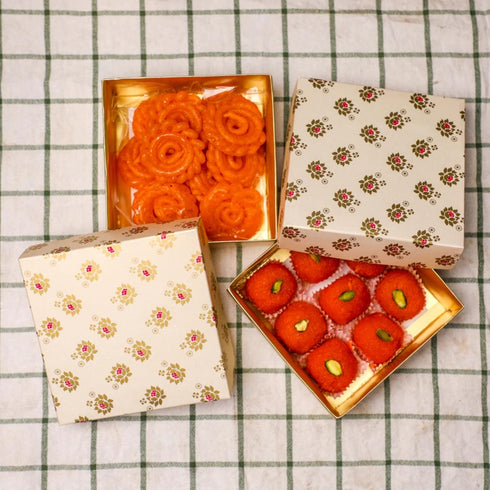Desi Favors Floral Printed Sweet Boxes for Indian Sweets, Cookies, Mithai, Gift Boxes with Lids, 2.95x5.51 Inch (Pack