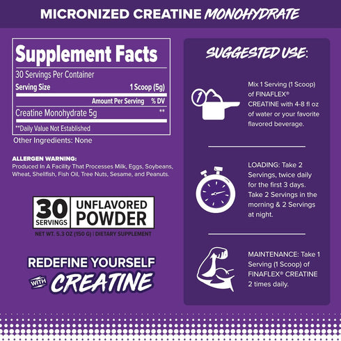 FINAFLEX Pure CREATINE, Unflavored - 5.3 oz, 100% Pure Micronized Creatine Monohydrate, 30 Servings