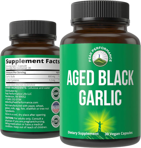 Peak Performance Aged Black Garlic Capsules - Raw Vegan Pure Odorless Extract Supplement for Cholesterol Support