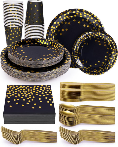 224 Pieces Party Supplies, Black and Gold Disposable Tableware Sets with Plastic Knives, Forks, Spoons for 32