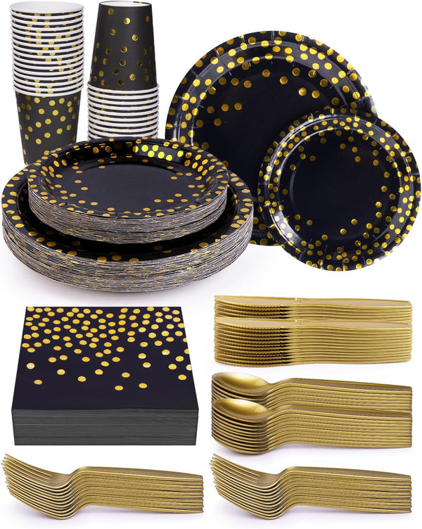 224 Pieces Party Supplies, Black and Gold Disposable Tableware Sets with Plastic Knives, Forks, Spoons for 32