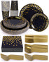 224 Pieces Party Supplies, Black and Gold Disposable Tableware Sets with Plastic Knives, Forks, Spoons for 32