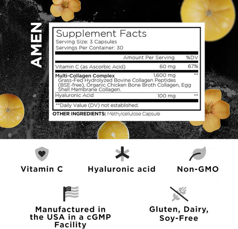 Amen Multi Collagen Peptides Capsules - 90 Pills with Hyaluronic Acid, Vitamin C, 5 Types of Collagen Protein