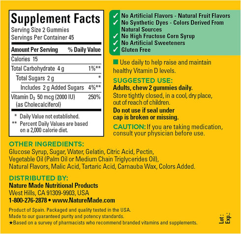 Nature Made Vitamin D3 2000 IU (50 mcg) - 90 Gummies for Bone, Teeth, Muscle, and Immune Health