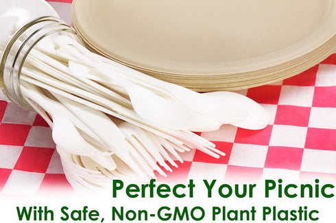 Non-GMO Plant-Based Plastic Cutlery Combo Pack. 25 Place Settings (Fork, Knife, Spoon) of Certified Compostable, Disposable, Eco-Friendly Silverware Safe for Hot and Cold Foods by Avant Grub