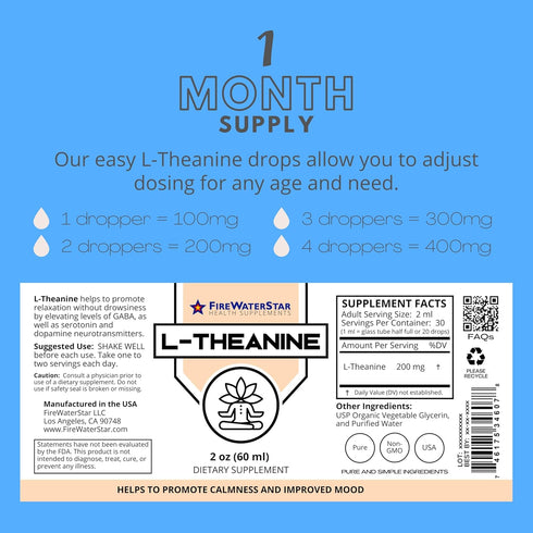 FWS L Theanine Liquid Drops - 200mg 99% Pure Bioactive L-Theanine, Organic, Vegan, Promotes Calmness and Relaxation