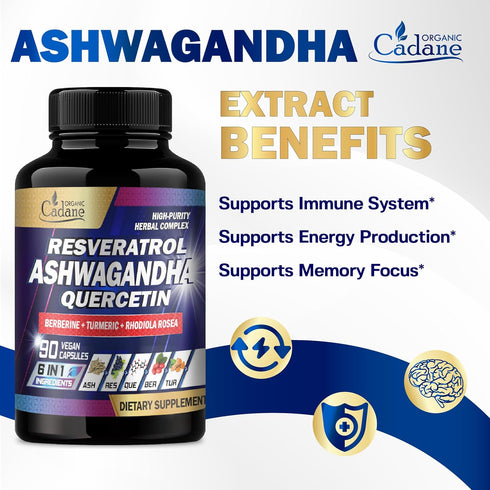Organic Cadane Ashwagandha Supplements 25700mg - Support Memory, Immune, Energy Production with 6 Premium Ingredients