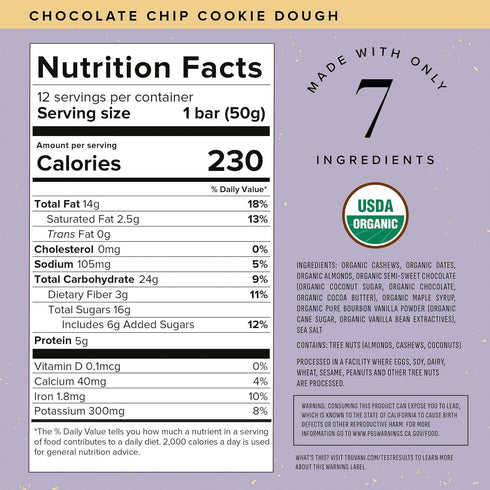 Truvani Plant Based Snack Bar - Chocolate Chip Cookie Dough 12 Pack, 5g Protein, USDA Organic and Vegan, Dairy, Soy,