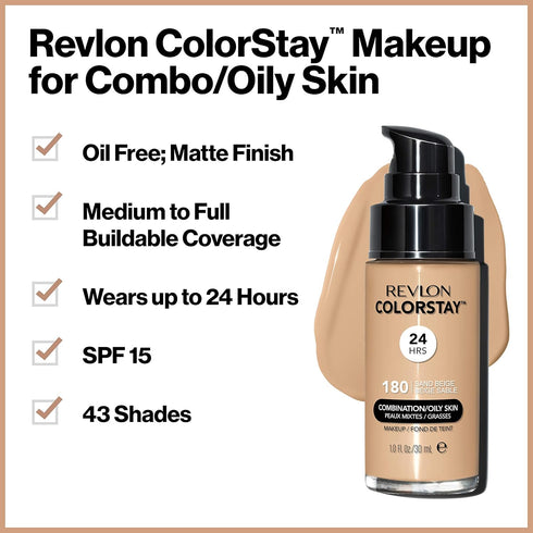Revlon Liquid Foundation - ColorStay Face Makeup for Combination & Oily Skin, SPF 15, 380 Rich Ginger
