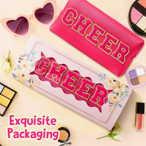 Y1tvei CHEER Large Cosmetic Bag, Preppy Patch Hot Pink Chenille Letter Makeup Bag, Portable Toiletry Pouch for