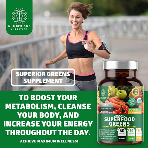 N1N Premium Organic Superfood Greens, 28 Powerful Ingredients, Natural Fruit and Veggie Supplement - 60 Ct