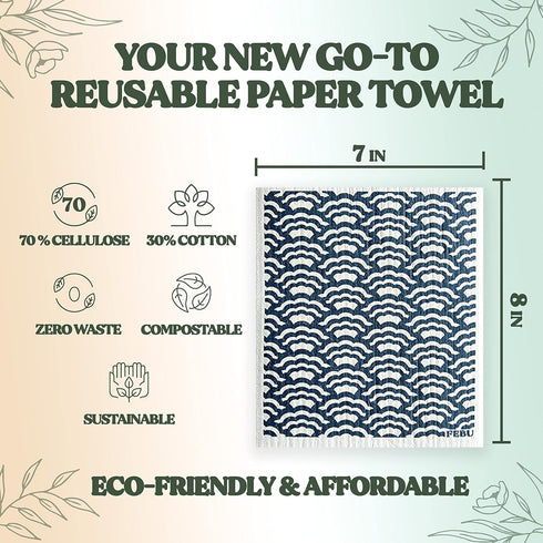 FEBU Swedish Dishcloths for Kitchen, 5 Pack Reusable Paper Towels, Washable Non-Scratch Cloths