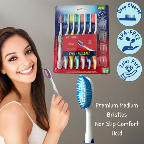 Value Set of 7 Medium Bristles Toothbrushes - Comfort Hold Soft Silicone, Non-Slip, Ergonomic with 4 Ventilated Covers