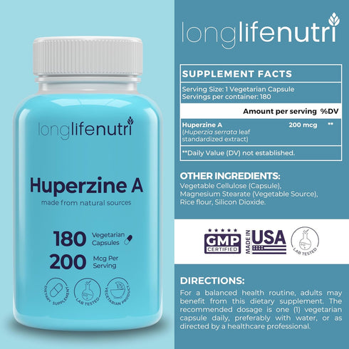 Huperzine A 200mcg, from Huperzia Serrata Leaf, 180 Vegetarian Capsules, Natural Brain Nootropic for Focus, Memory,