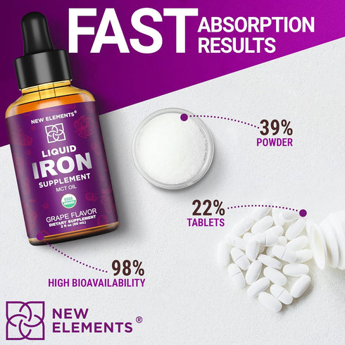Iron Supplement for Women & Men, Organic Liquid Iron Drops for Adults with MCT Oil, 2 Fl Oz, Immune Support