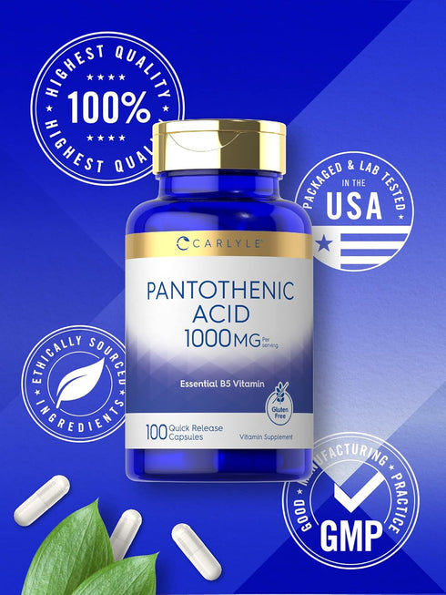 Carlyle Pantothenic Acid | 1000mg | 100 Capsules | Essential B5 Vitamin, Non-GMO, Gluten Free Supplement