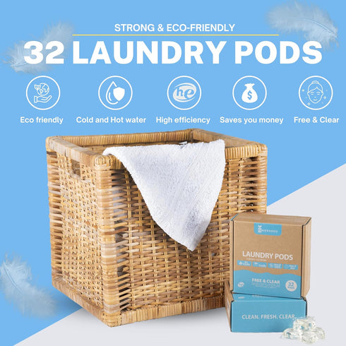 Free And Clear Eco Friendly Laundry Detergent Pods, 32 Pacs, Powerful Stain and Odor Removal, Biodegradable