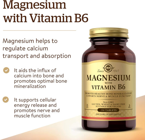 Solgar Magnesium with Vitamin B6 - 250 Tablets for Healthy Bone Mineralization, Non-GMO, Vegan