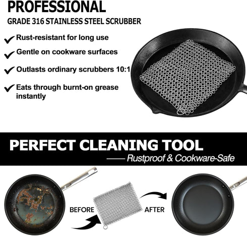 Cast Iron Scrubber Chainmail Link Scraper 8"x6" - 316 Stainless Steel Skillet Cleaner for Pans & Grills