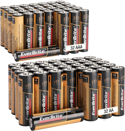 EverBrite 64pcs High Performance Alkaline Battery, 32-Pack AAA and 32-Pack AA for Household Devices