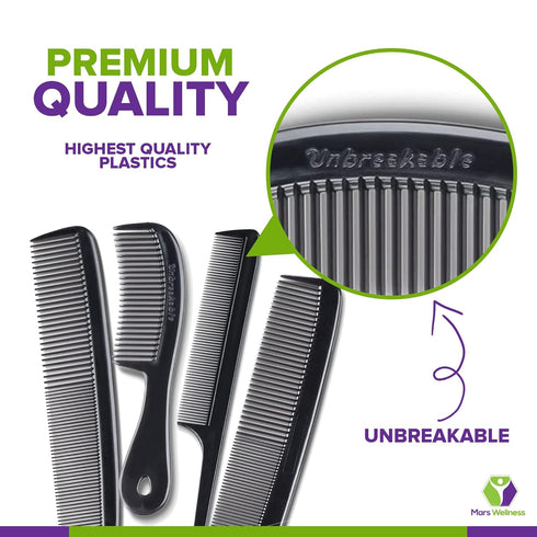 Mars Wellness 4 Piece Professional Comb Set - Black USA MADE Fine Pro Tail Combs for Men and Women