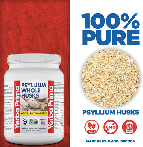 Yerba Prima Psyllium Whole Husks Fiber Supplement - Colon Cleanse - Gut Health - Vegan Non-GMO Gluten Free - 20oz