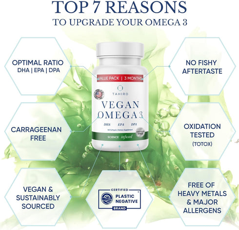TAHIRO Vegan Omega-3 Softgels - Plant-Based Supplement with DPA, DHA & EPA for Brain Health - 1000mg