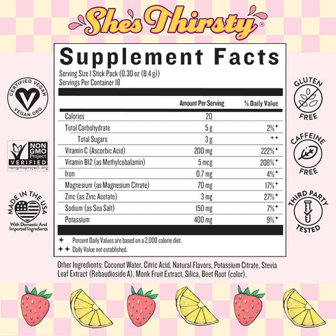 PacketsCoconut Packets, Immune 18 Legendairy Milk Shes Thirsty Strawberry Lemonade, No Sugar Added Electrolytes Powder