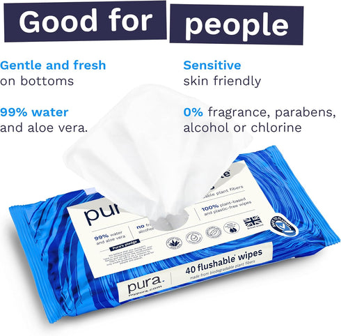 Pura Flushable Wipes 4 x 40 Toilet Wipes (160 Wipes), 100% Plastic Free Moist Toilet Tissue, Sensitive Skin