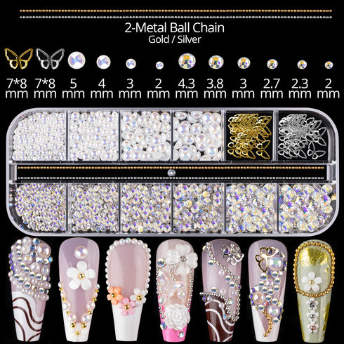 Mixed 3D Nail Art Gem Decoration Accessories Kit #1, Aurora Bear Bow Butterfly Starry AB Rhinestone Charm Jewelry