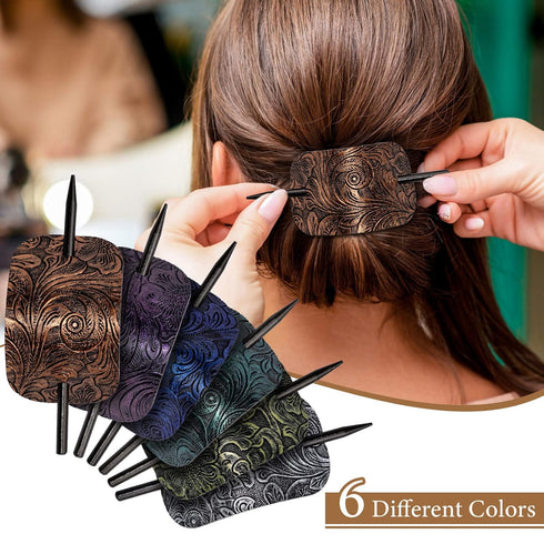 Noverlife 6PCS Leather Hair Barrettes with Stick, Square Shape Hair Clips for Women Girls